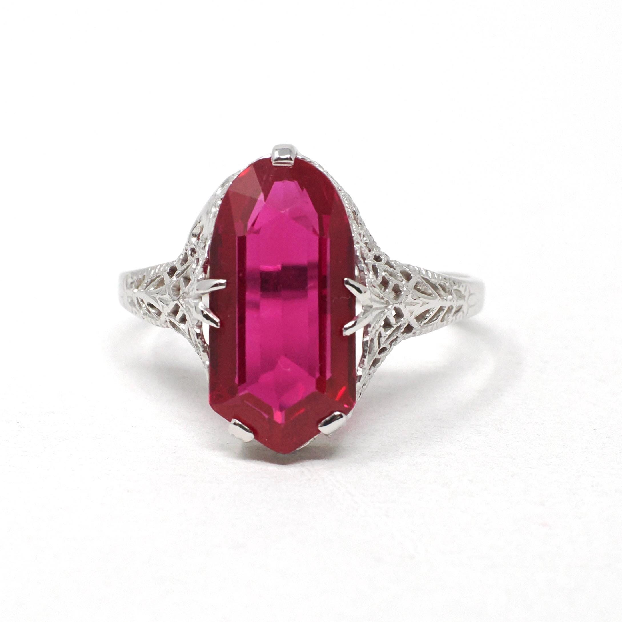 Created Ruby Ring - Art Deco 14k White Gold Fancy Cut Red Stone - Vintage Circa 1930s Era Size 8 1/4 July Birthstone Fine Filigree Jewelry