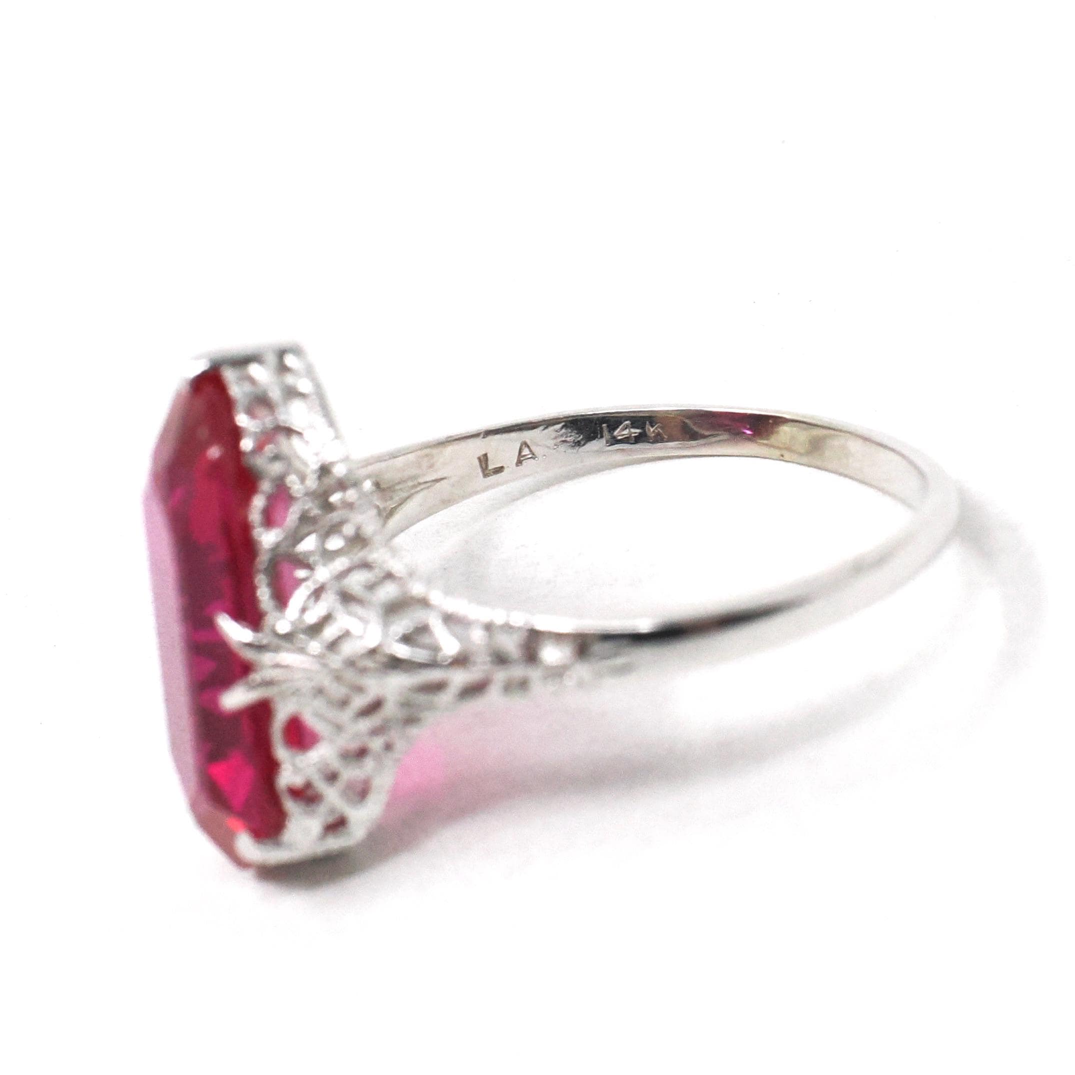 Created Ruby Ring - Art Deco 14k White Gold Fancy Cut Red Stone - Vintage Circa 1930s Era Size 8 1/4 July Birthstone Fine Filigree Jewelry