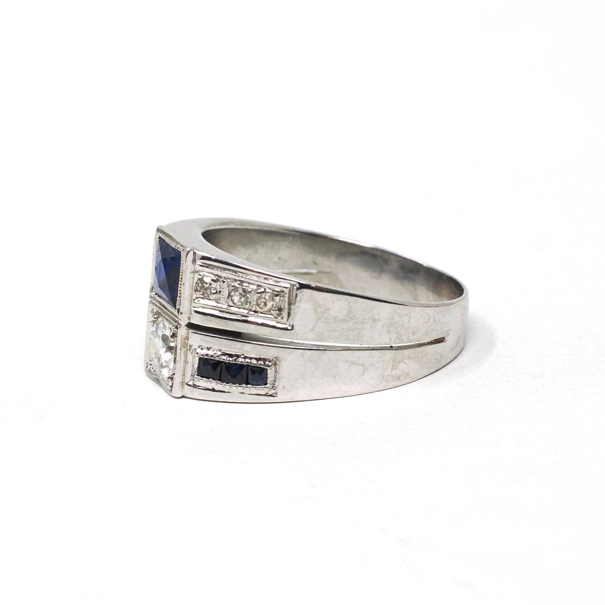 Mid Century Ring - Vintage 18k White Gold Diamond & Created Sapphire Toi Et Moi Style - Circa 1950s Size 8 3/4 Unisex Fine Statement Jewelry