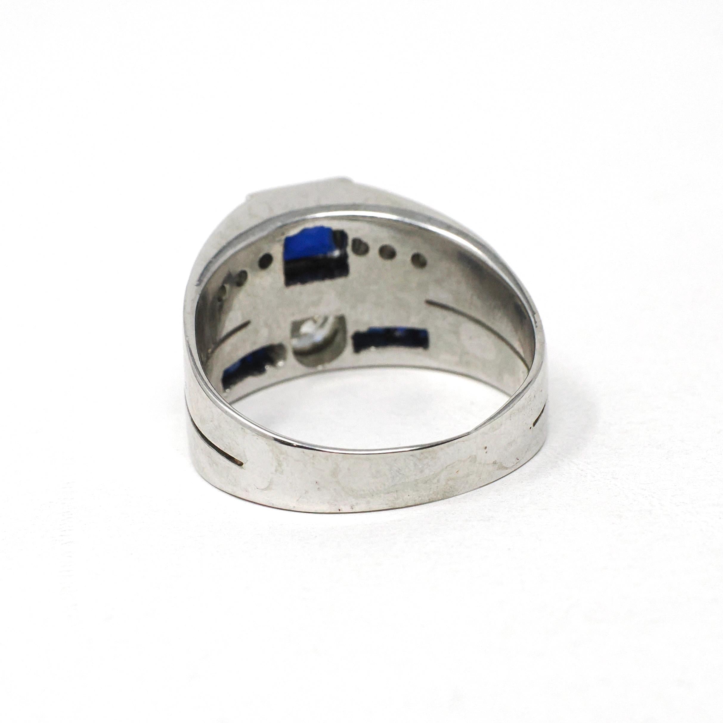 Mid Century Ring - Vintage 18k White Gold Diamond & Created Sapphire Toi Et Moi Style - Circa 1950s Size 8 3/4 Unisex Fine Statement Jewelry
