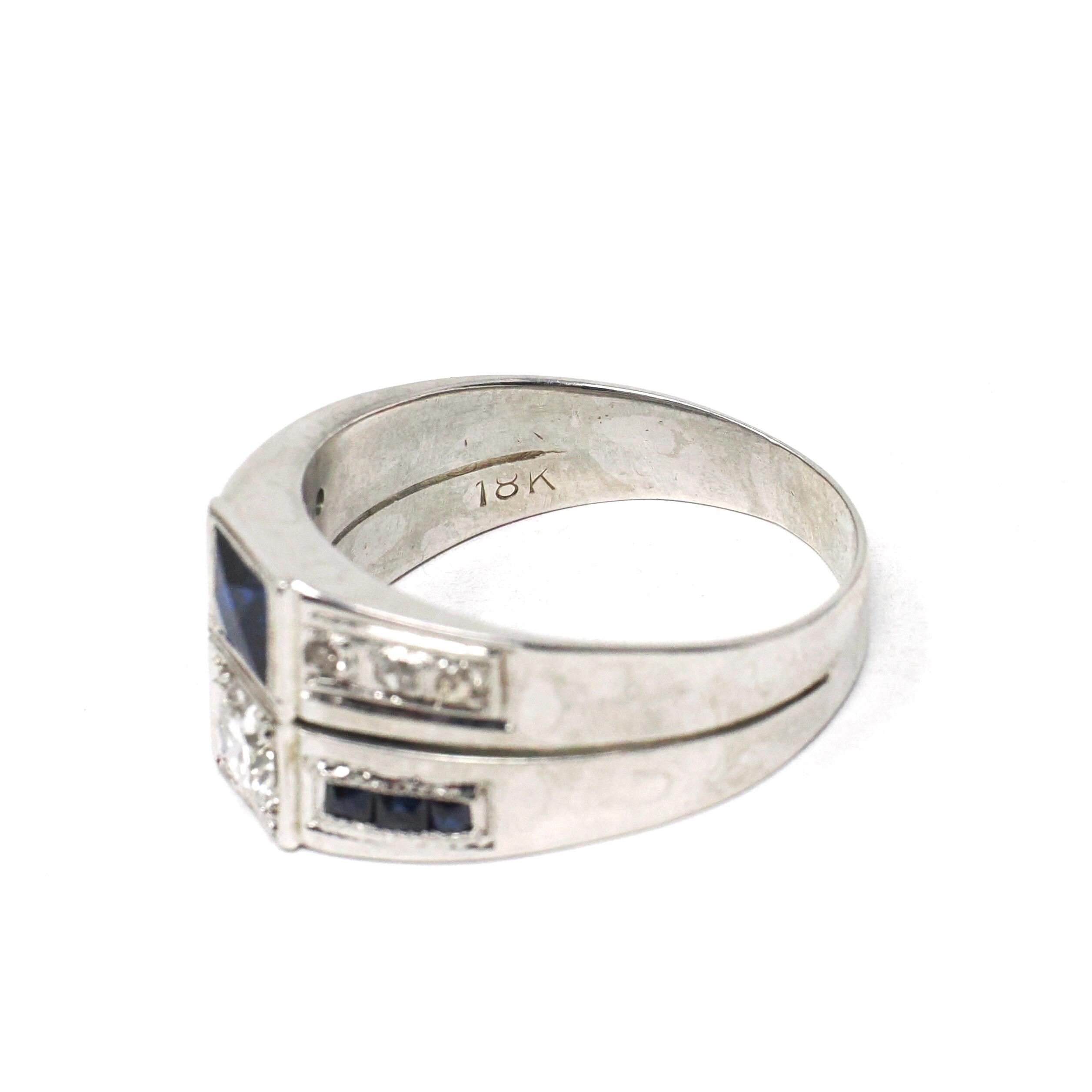 Mid Century Ring - Vintage 18k White Gold Diamond & Created Sapphire Toi Et Moi Style - Circa 1950s Size 8 3/4 Unisex Fine Statement Jewelry