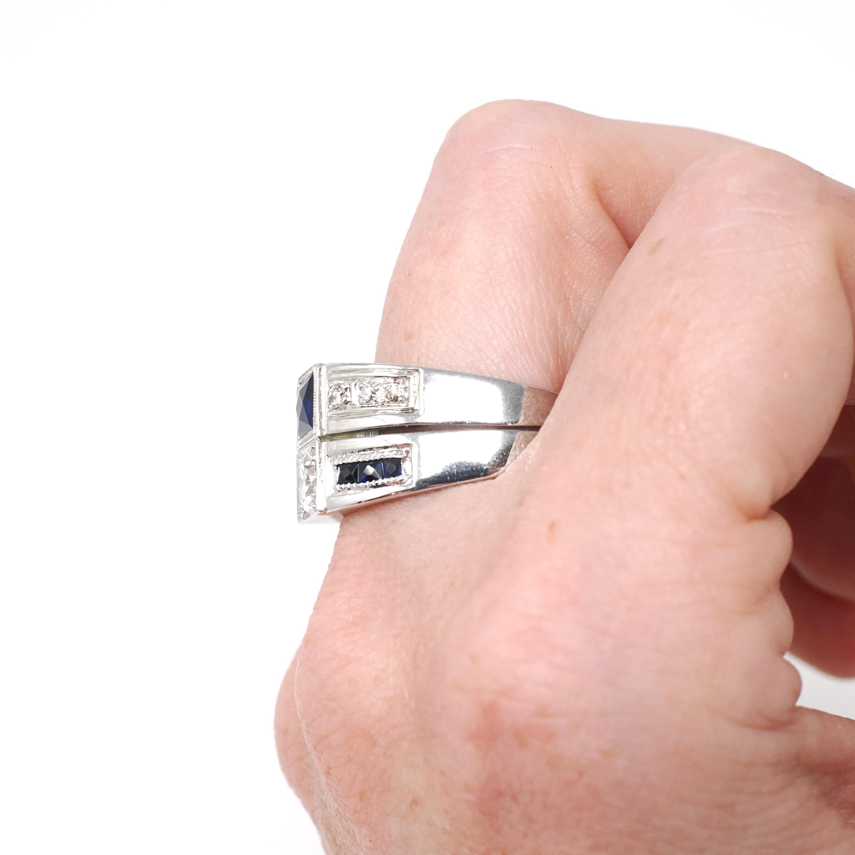 Mid Century Ring - Vintage 18k White Gold Diamond & Created Sapphire Toi Et Moi Style - Circa 1950s Size 8 3/4 Unisex Fine Statement Jewelry