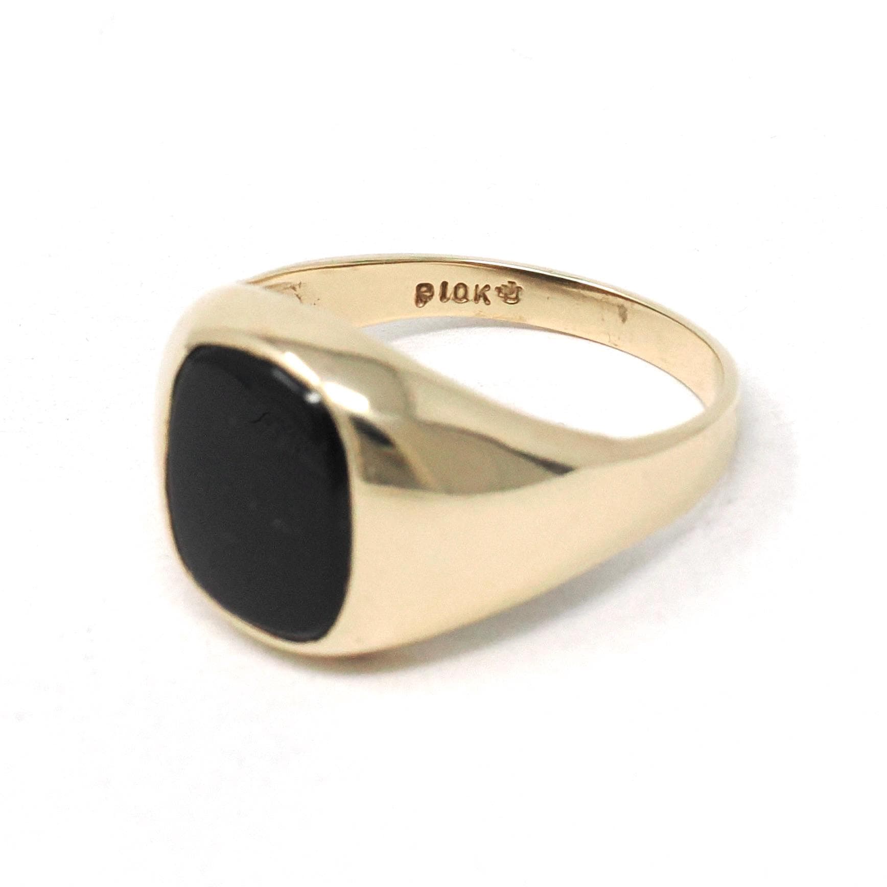 Modern Onyx Ring - Estate 10k Yellow Gold Black Chalcedony Gemstone - Circa 2000's Era Size 9 1/4 Men's Unisex Fine Statement Jewelry