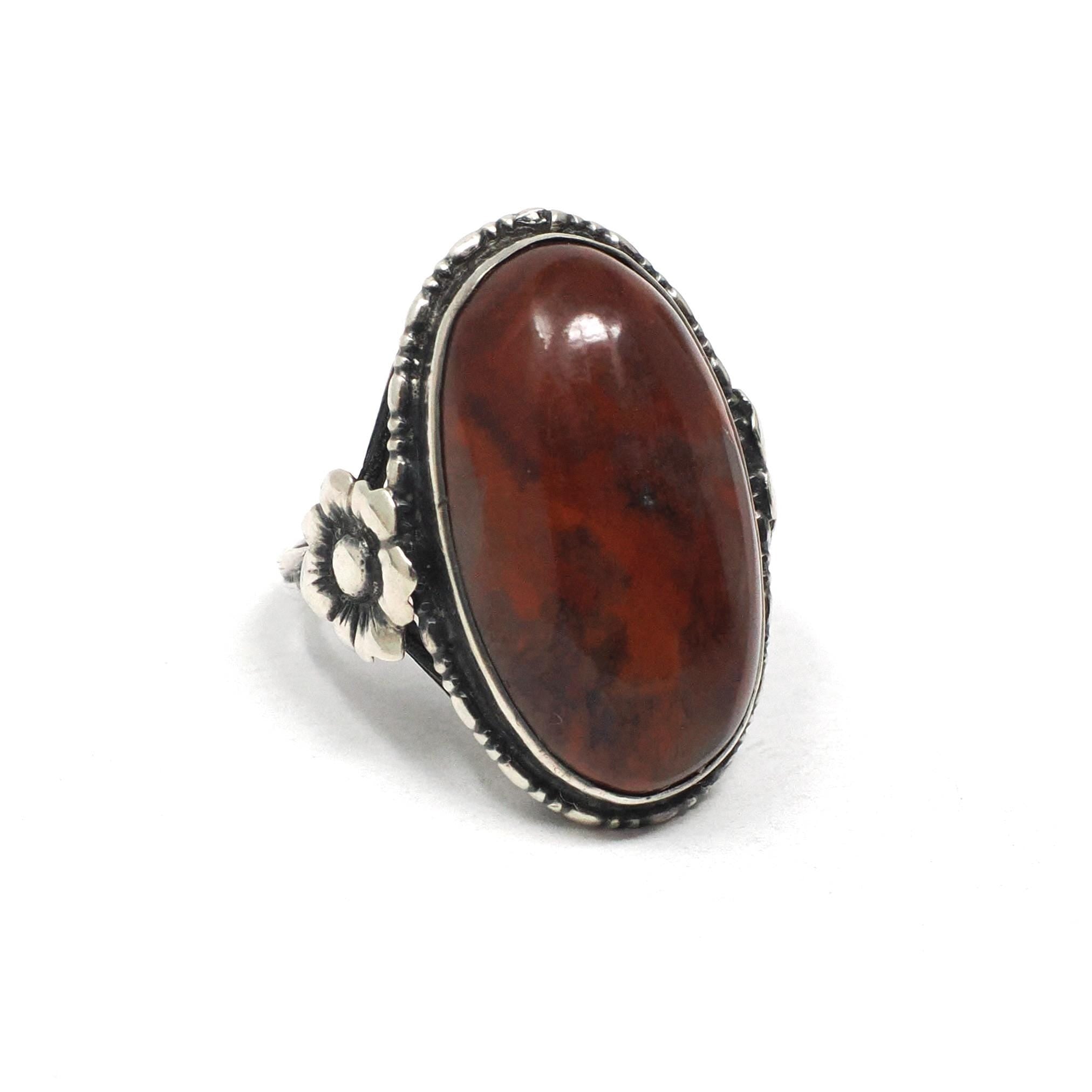 Vintage Jasper Ring - Retro Sterling Silver Cabochon Cut Red Brown Gemstone - Circa 1970s Era Size 5 1/4 Floral Flower Statement 70s Jewelry