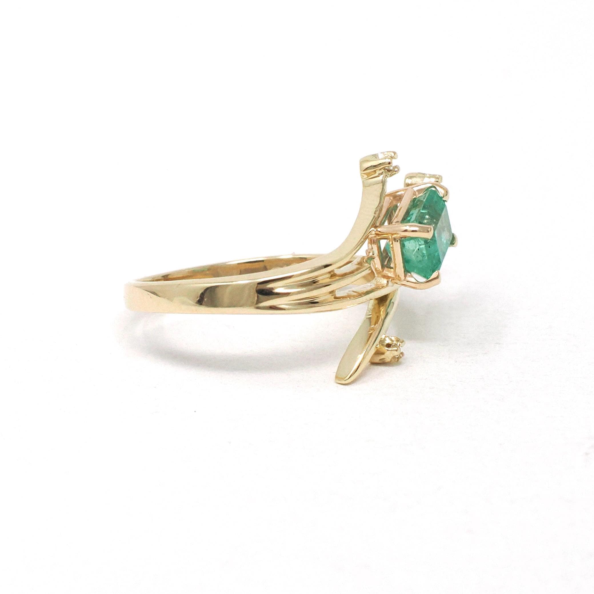 Emerald & Diamond Ring - Estate 14k Yellow Gold Natural Green Gemstone - Modern 2000's Era Size 6 1/4 May Birthstone Branch Bypass Jewelry