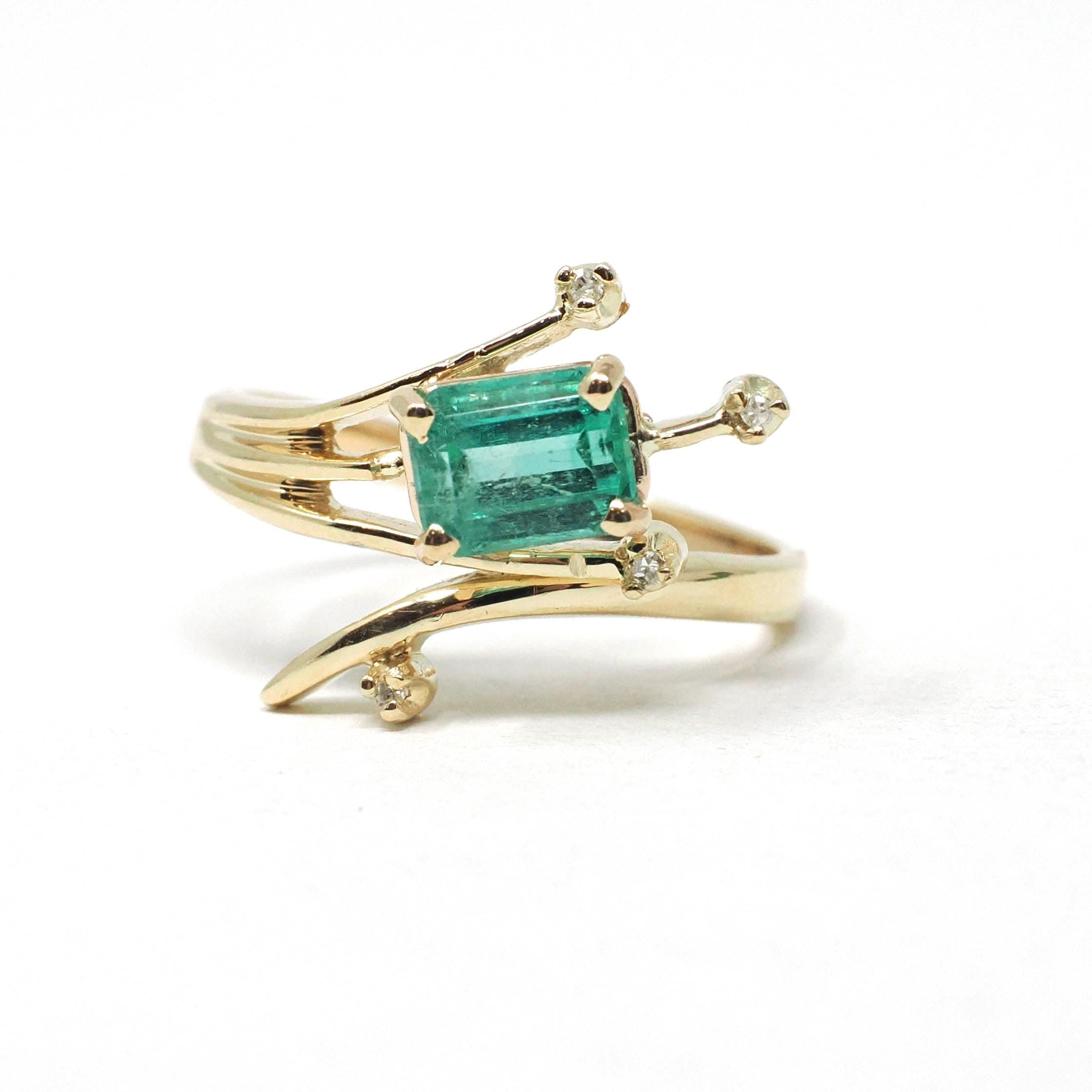 Emerald & Diamond Ring - Estate 14k Yellow Gold Natural Green Gemstone - Modern 2000's Era Size 6 1/4 May Birthstone Branch Bypass Jewelry