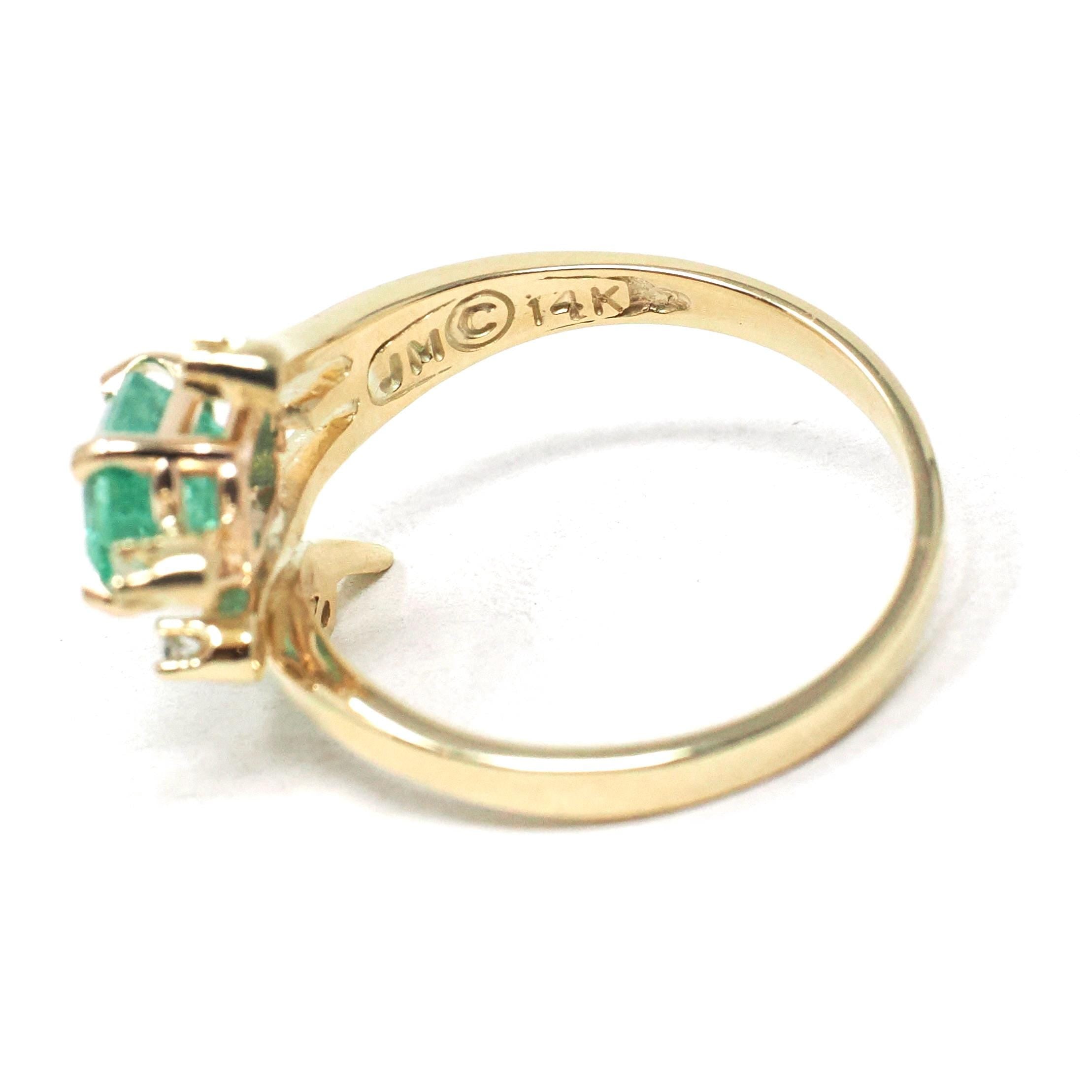 Emerald & Diamond Ring - Estate 14k Yellow Gold Natural Green Gemstone - Modern 2000's Era Size 6 1/4 May Birthstone Branch Bypass Jewelry
