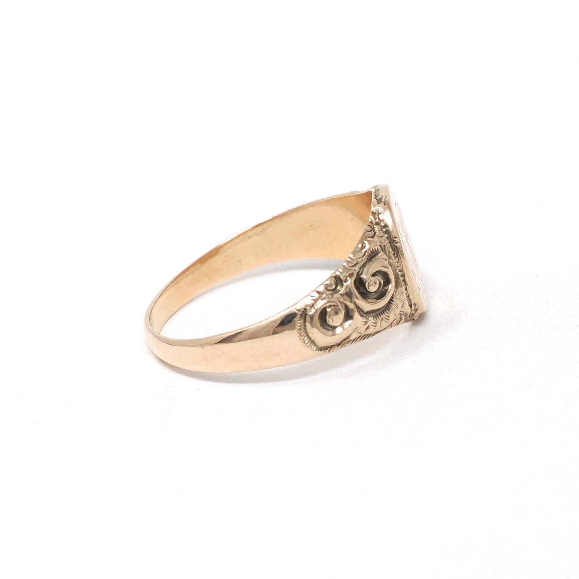 Edwardian Signet Ring - Antique 10k Yellow Gold Oval EMP Engraved Letters Monogram Initials - Vintage 1910s Size 5 3/4 Fine Scroll Jewelry