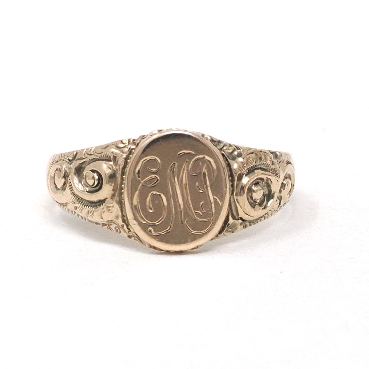 Edwardian Signet Ring - Antique 10k Yellow Gold Oval EMP Engraved Letters Monogram Initials - Vintage 1910s Size 5 3/4 Fine Scroll Jewelry