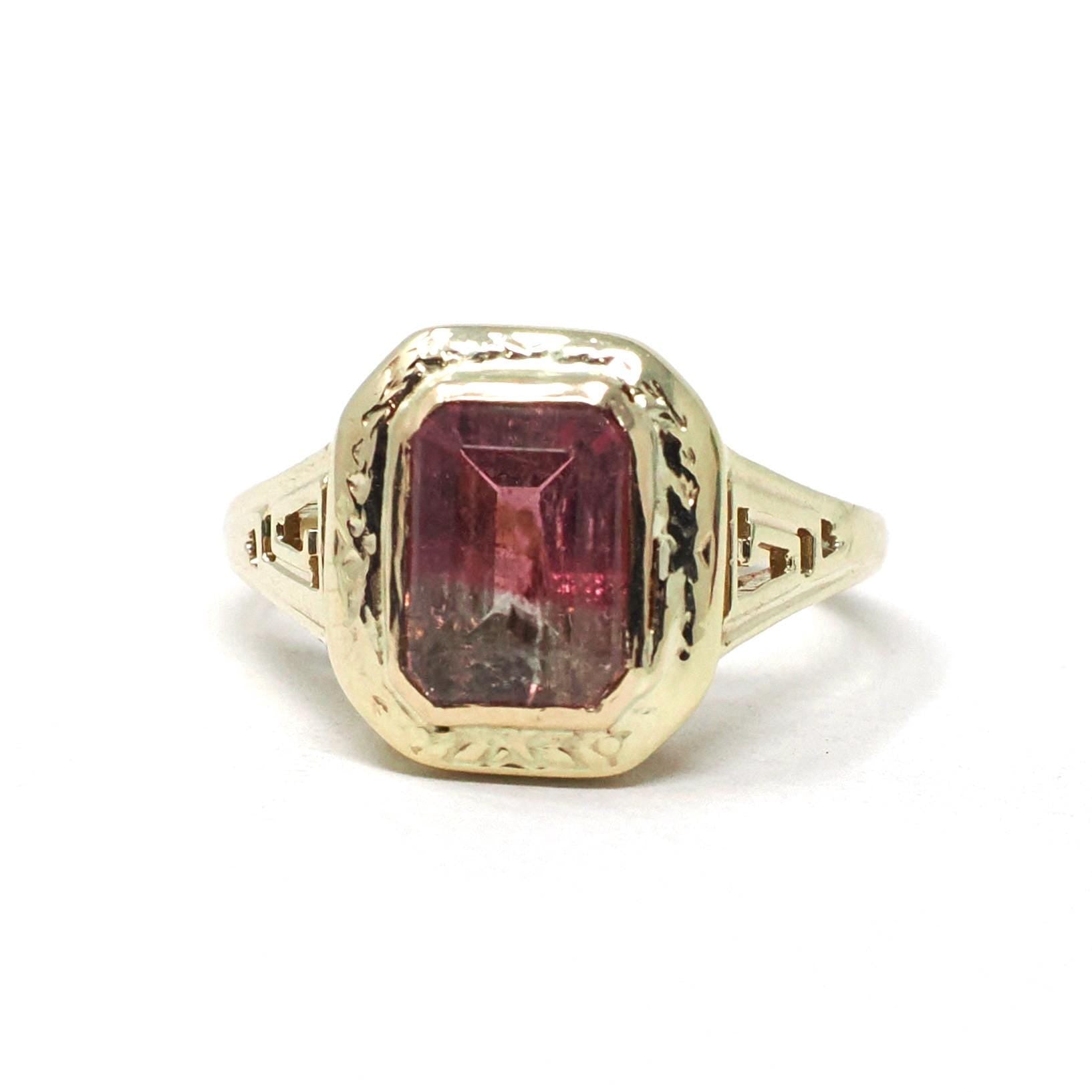 Watermelon Tourmaline Ring - Art Deco 10k Yellow Gold Natural Pink Green BiColor Gem - Circa 1930s Size 4.5 Fine October Birthstone Jewelry