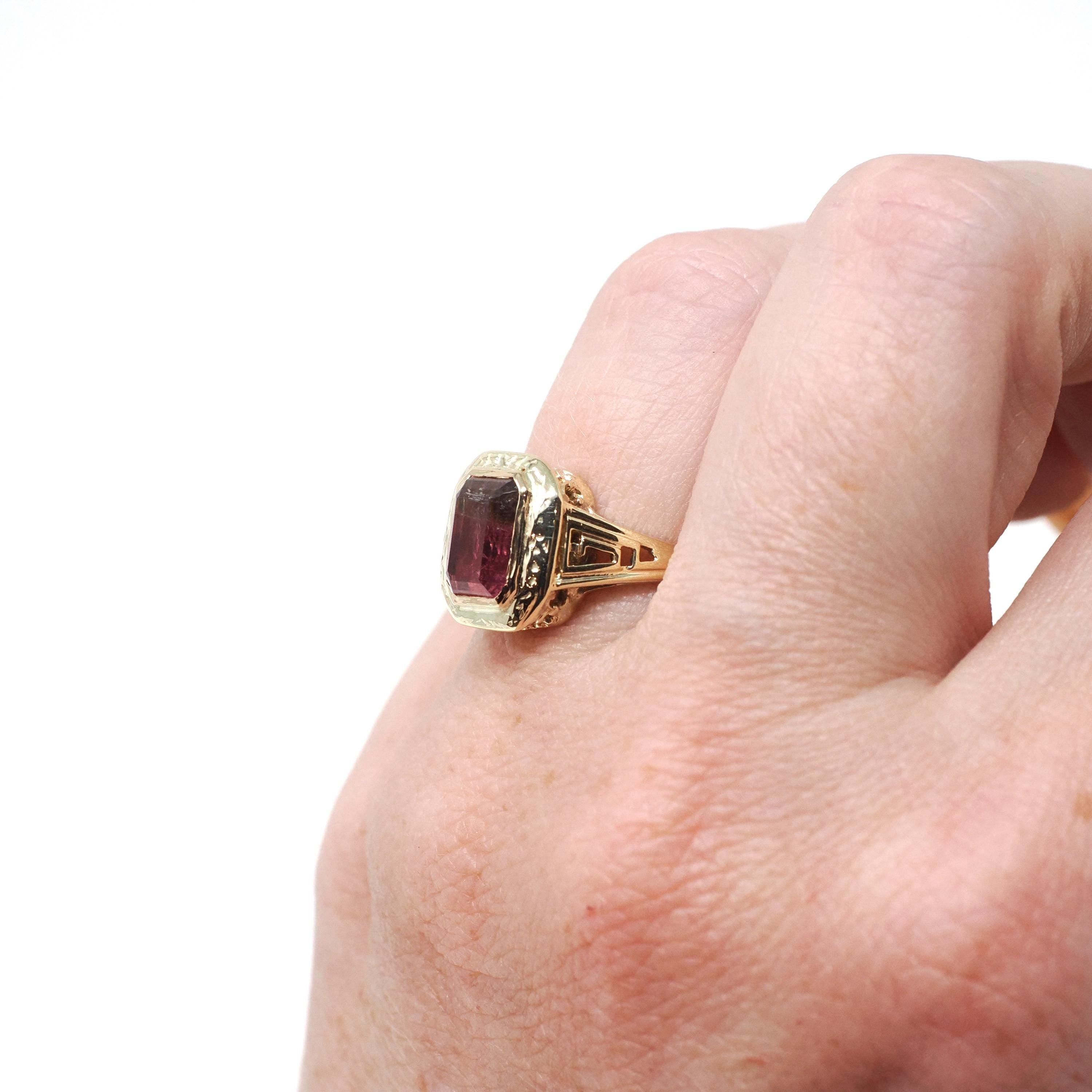 Watermelon Tourmaline Ring - Art Deco 10k Yellow Gold Natural Pink Green BiColor Gem - Circa 1930s Size 4.5 Fine October Birthstone Jewelry