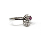 Vintage Ruby & Diamond Ring - Retro 8k White Gold Branch Bypass Toi Et Moi Statement - Circa 1970s Era Size 5 1/2 Fine Birthstone Jewelry