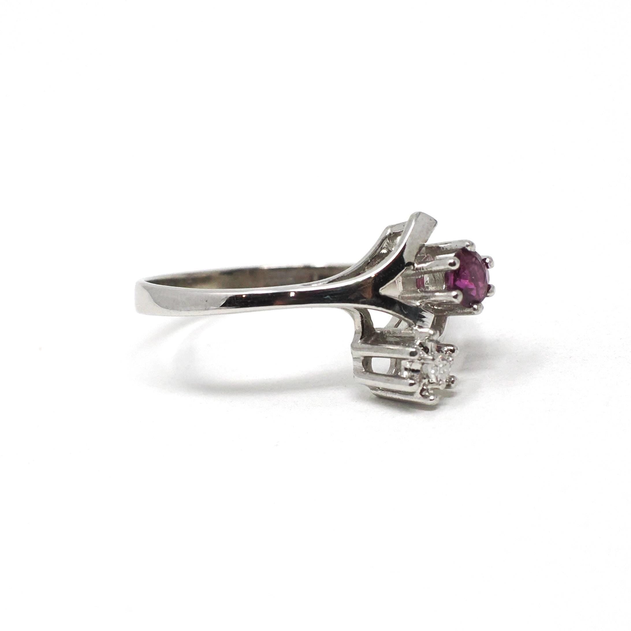 Vintage Ruby & Diamond Ring - Retro 8k White Gold Branch Bypass Toi Et Moi Statement - Circa 1970s Era Size 5 1/2 Fine Birthstone Jewelry