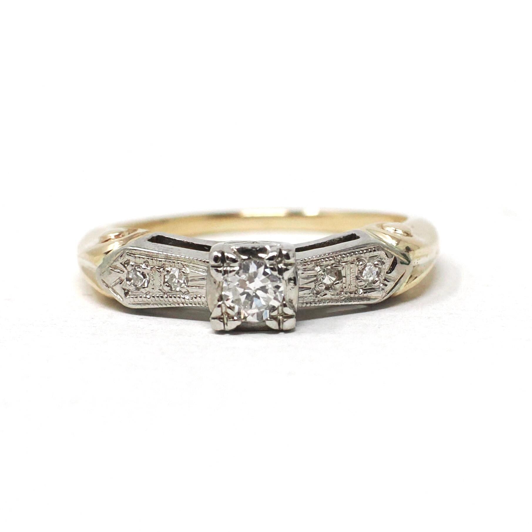 Vintage Diamond Ring - Mid Century 14k Yellow & White Gold Natural Two Tone Engagement - Circa 1950s Size 4 1/4 Reverse Tapered Fine Jewelry