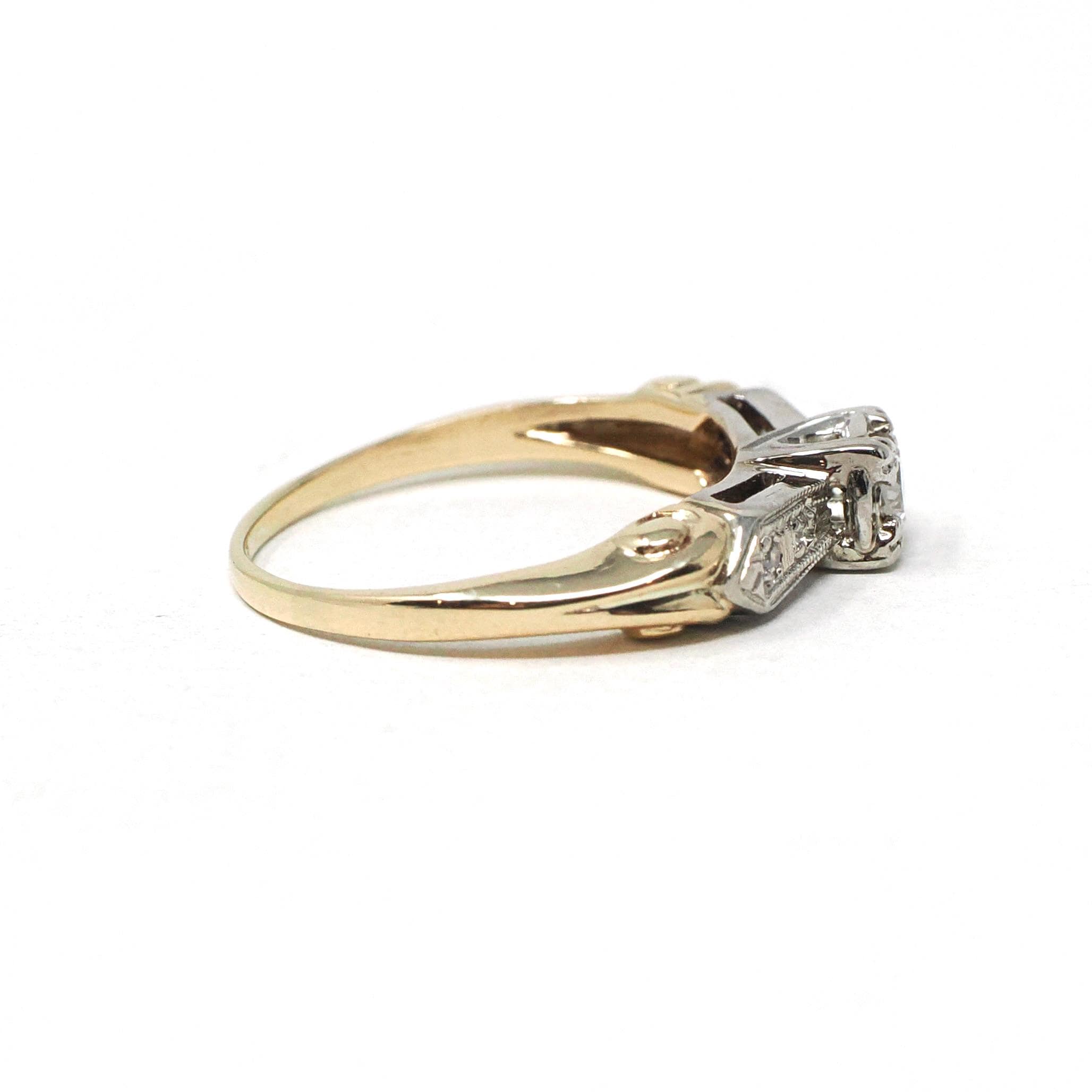 Vintage Diamond Ring - Mid Century 14k Yellow & White Gold Natural Two Tone Engagement - Circa 1950s Size 4 1/4 Reverse Tapered Fine Jewelry