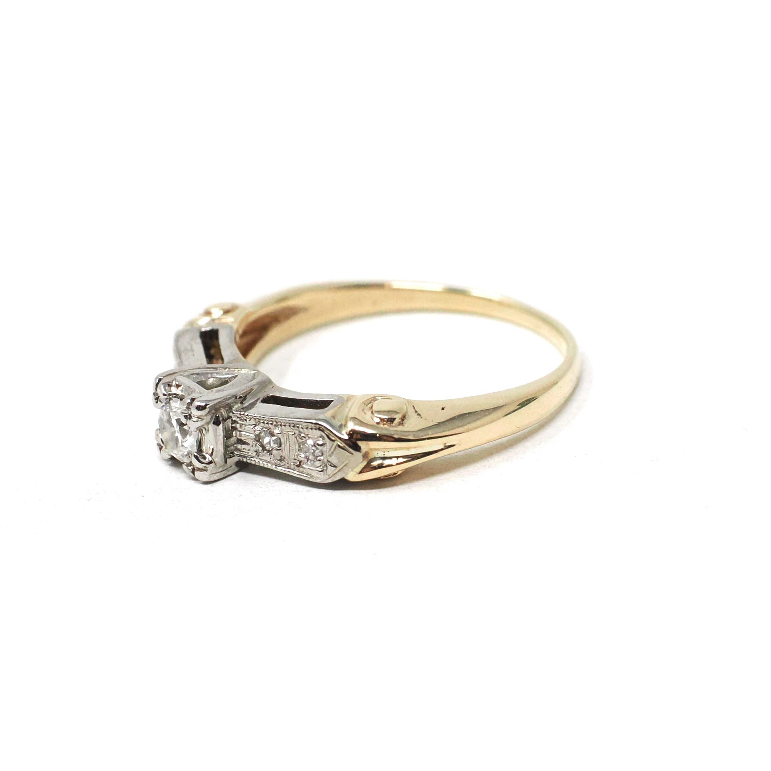 Vintage Diamond Ring - Mid Century 14k Yellow & White Gold Natural Two Tone Engagement - Circa 1950s Size 4 1/4 Reverse Tapered Fine Jewelry
