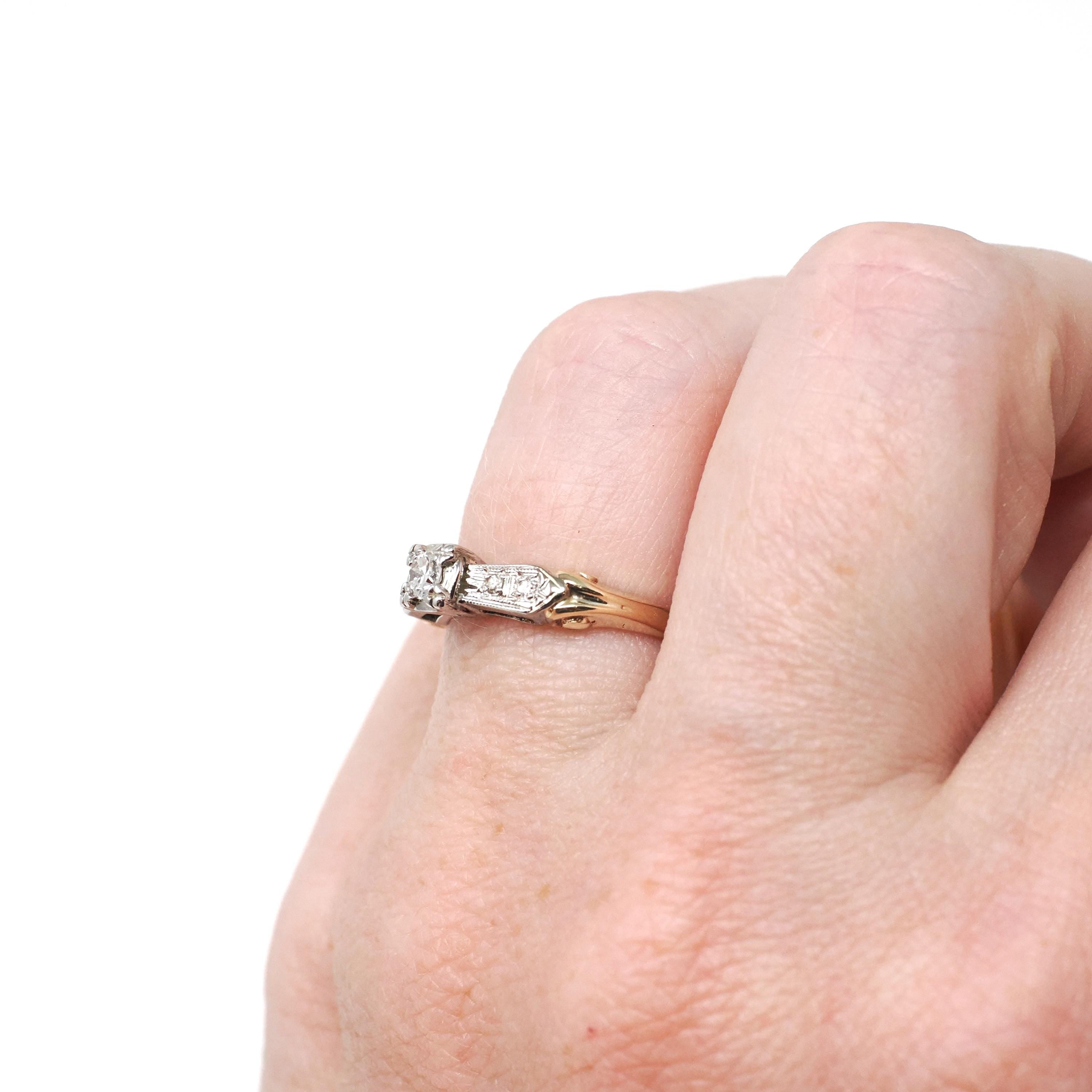 Vintage Diamond Ring - Mid Century 14k Yellow & White Gold Natural Two Tone Engagement - Circa 1950s Size 4 1/4 Reverse Tapered Fine Jewelry