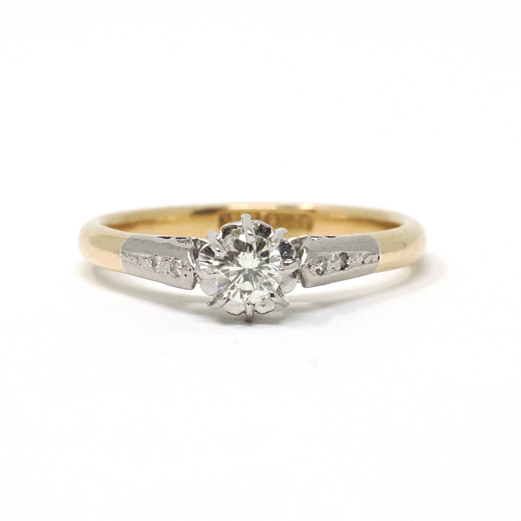 Vintage Engagement Ring - Mid Century 18k Yellow Gold Platinum .22 CT Round Cut Diamond Ring - Circa 1950s Size 7 1/4 Two Tone Fine Jewelry