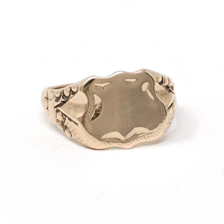 Edwardian Signet Ring - Antique 10k Rosy Yellow Gold Blank Shield Statement Unisex Band - Circa 1900s Era Size 5 1/2 Fine Floral Jewelry