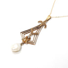 Antique Lavalier Pendant - Vintage 10k Yellow Gold Seed Pearl Natural Diamond Flower Charm Necklace - Edwardian Circa 1910s Era Fine Jewelry