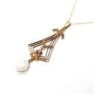 Antique Lavalier Pendant - Vintage 10k Yellow Gold Seed Pearl Natural Diamond Flower Charm Necklace - Edwardian Circa 1910s Era Fine Jewelry