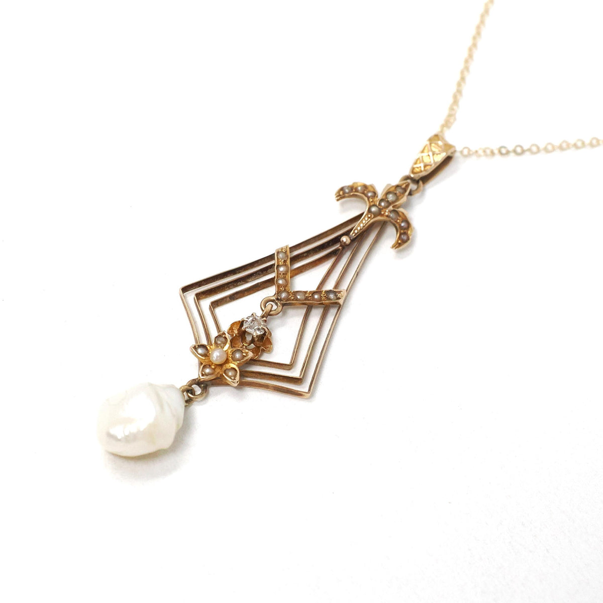 Antique Lavalier Pendant - Vintage 10k Yellow Gold Seed Pearl Natural Diamond Flower Charm Necklace - Edwardian Circa 1910s Era Fine Jewelry