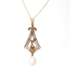 Antique Lavalier Pendant - Vintage 10k Yellow Gold Seed Pearl Natural Diamond Flower Charm Necklace - Edwardian Circa 1910s Era Fine Jewelry