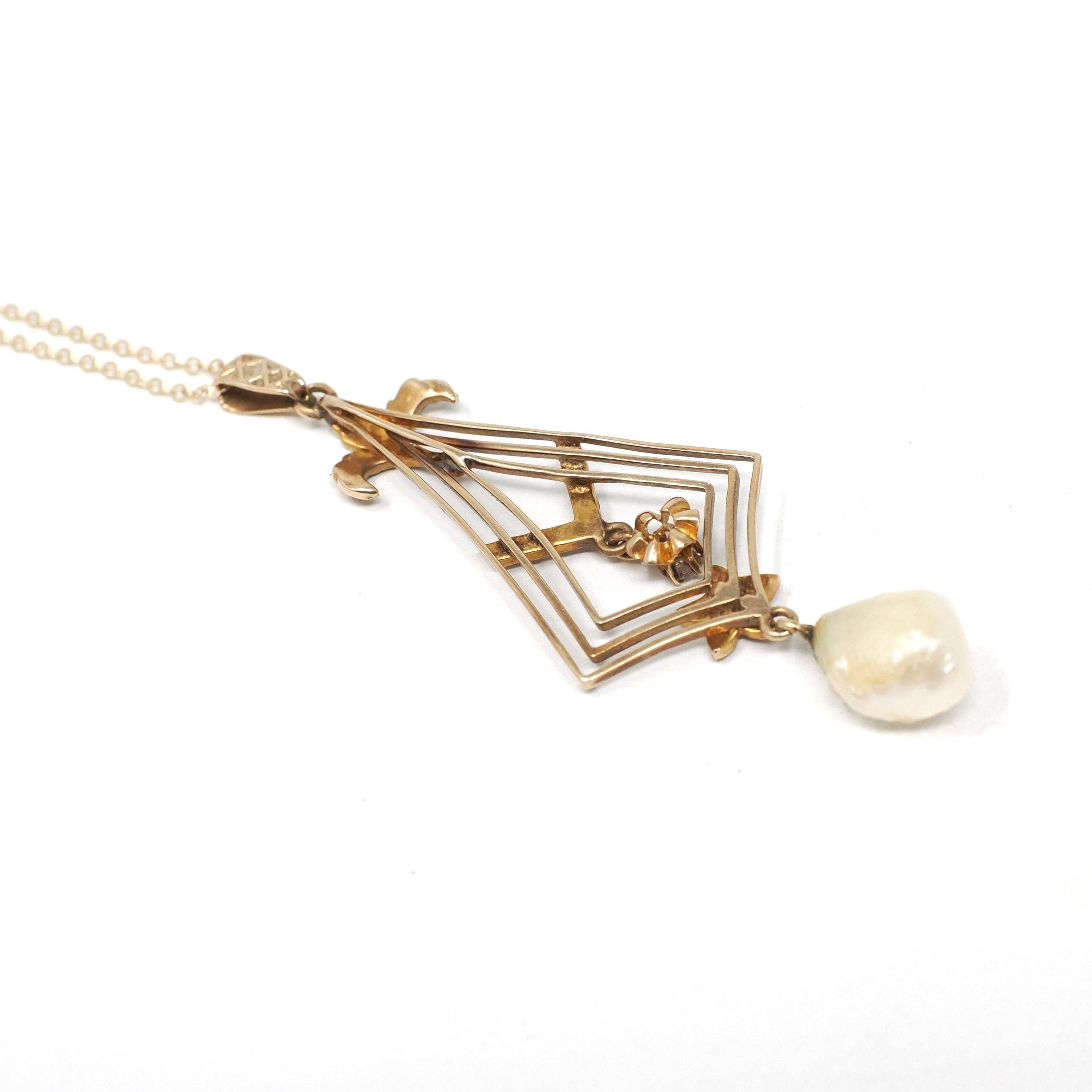 Antique Lavalier Pendant - Vintage 10k Yellow Gold Seed Pearl Natural Diamond Flower Charm Necklace - Edwardian Circa 1910s Era Fine Jewelry