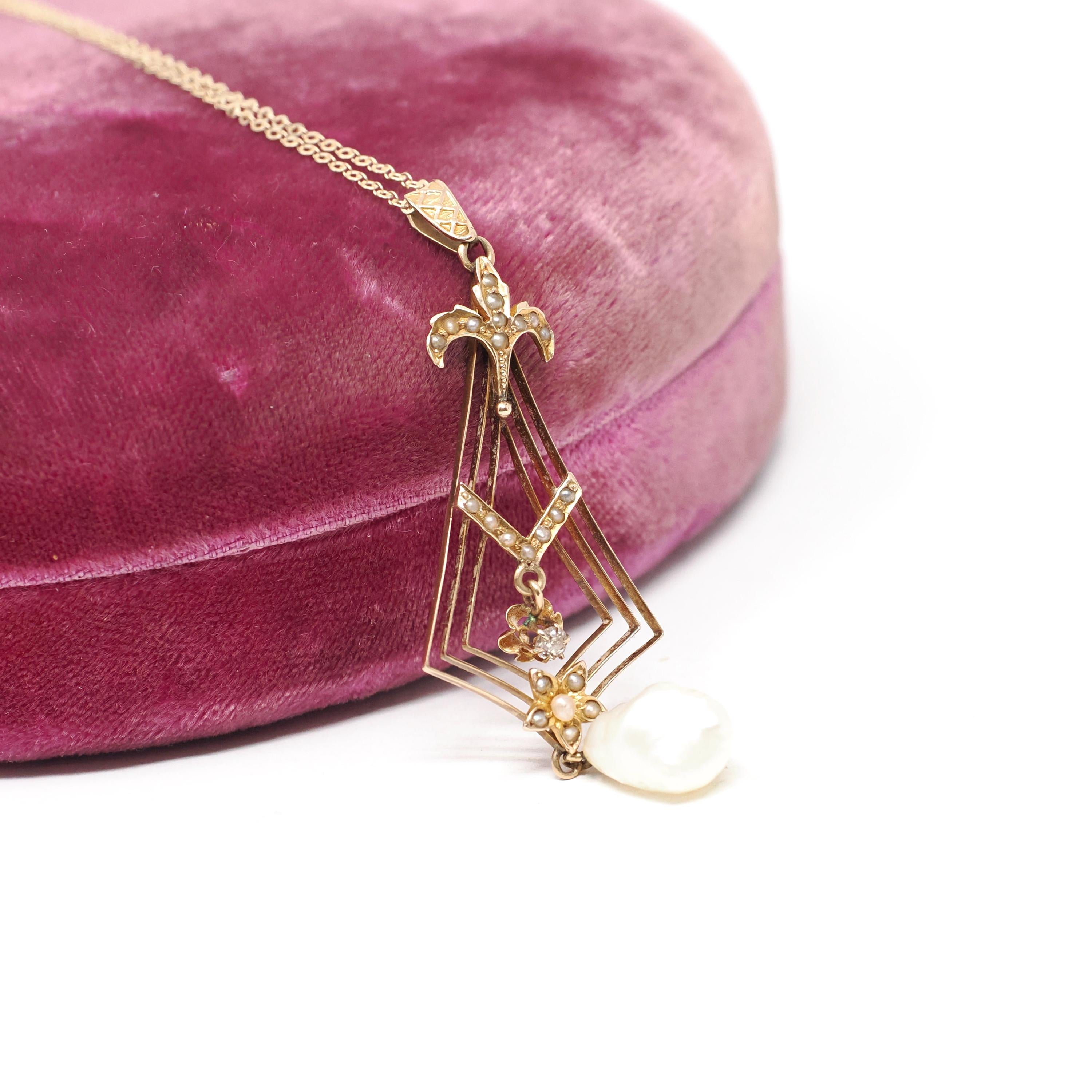 Antique Lavalier Pendant - Vintage 10k Yellow Gold Seed Pearl Natural Diamond Flower Charm Necklace - Edwardian Circa 1910s Era Fine Jewelry