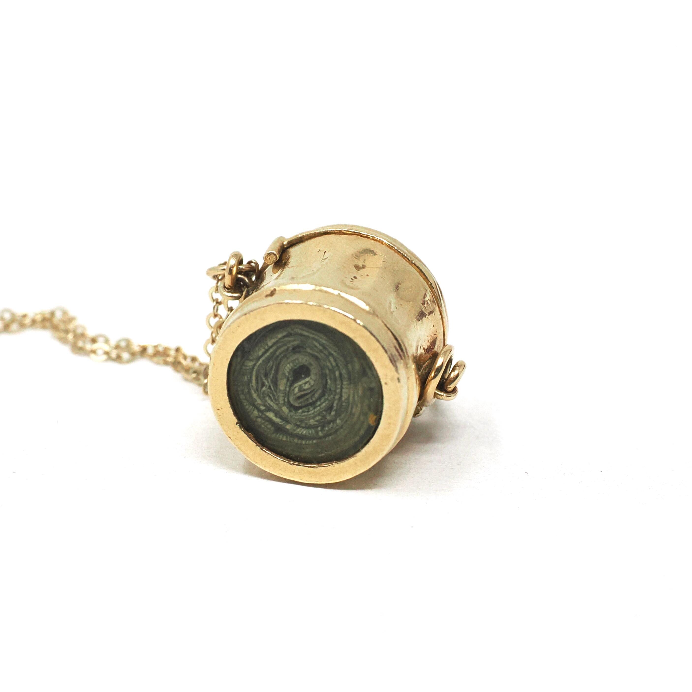 Mad Money Trash Can Charm - Mid Century 14k Yellow Gold Pendant Garbage Necklace - Vintage Circa 1950s Era Real Dollar Bill Fine Jewelry