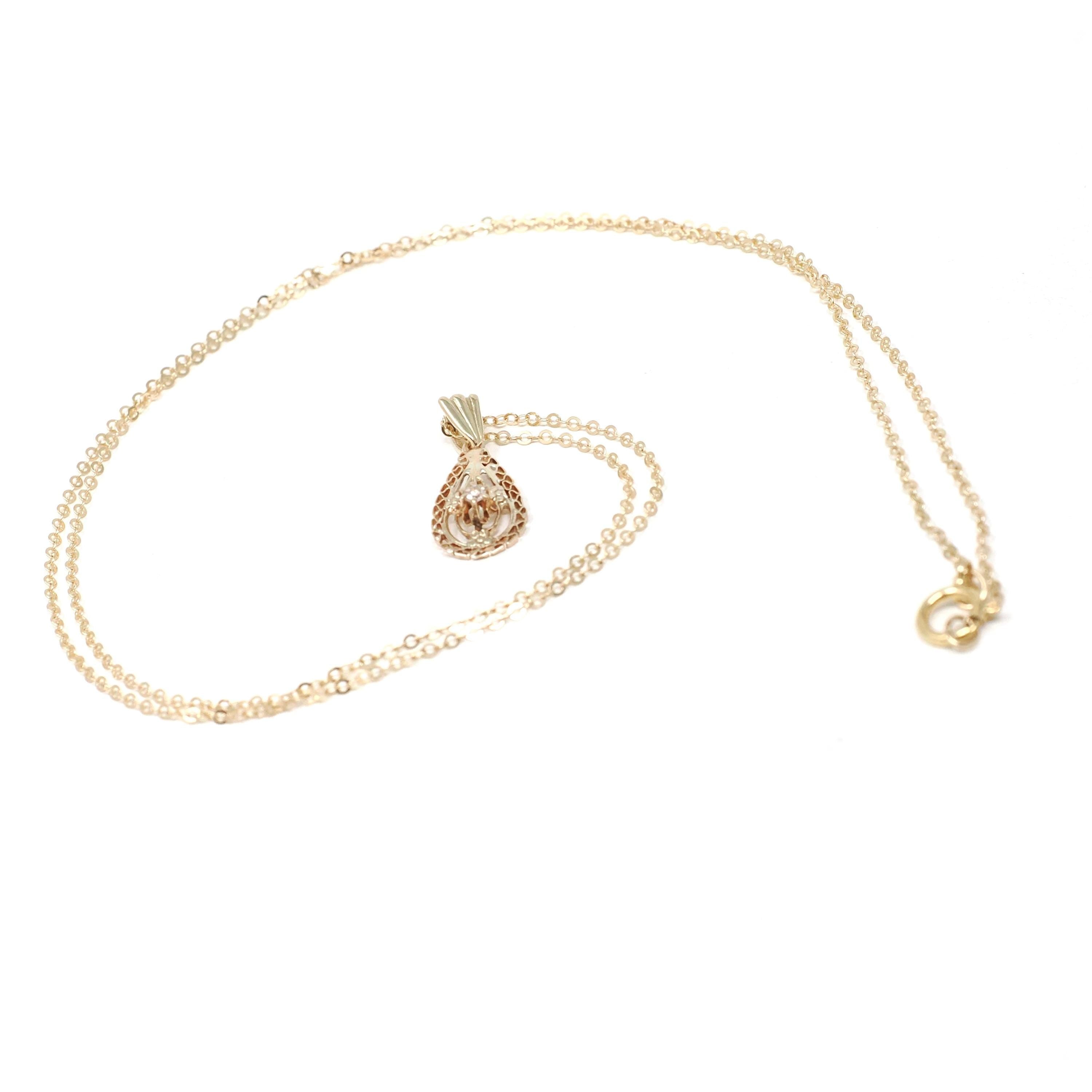 Antique Diamond Lavalier - Edwardian 10k 14k Yellow Gold Natural Gemstone Pendant Necklace - Circa 1910s Teardrop Pear Filigree Fine Jewelry