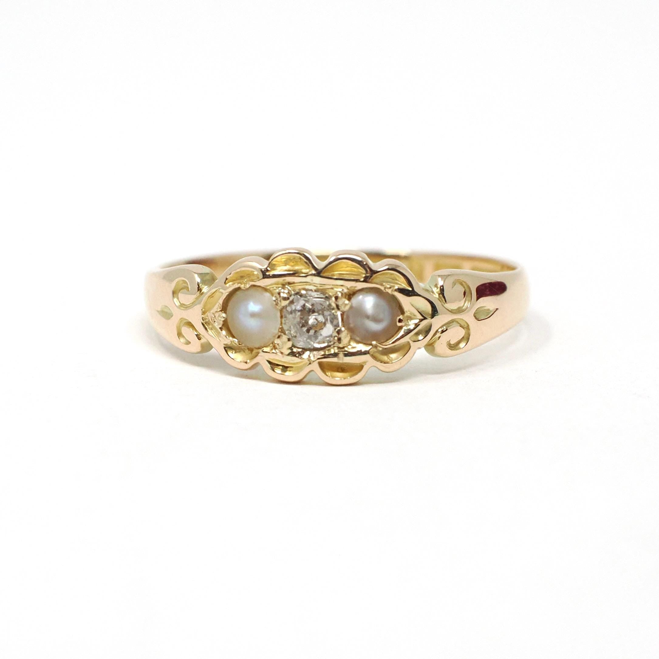 Diamond & Pearl Ring - Art Deco 15k Yellow Gold .09 CT Old Mine Cut - Hallmarked 1935 Birmingham England Size 6 3/4 Fine Statement Jewelry
