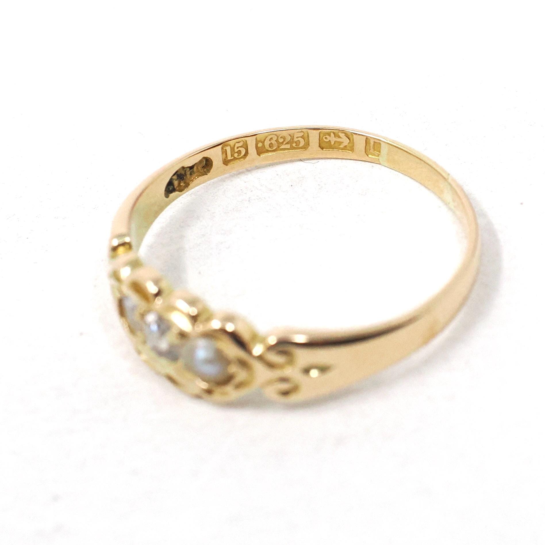Diamond & Pearl Ring - Art Deco 15k Yellow Gold .09 CT Old Mine Cut - Hallmarked 1935 Birmingham England Size 6 3/4 Fine Statement Jewelry