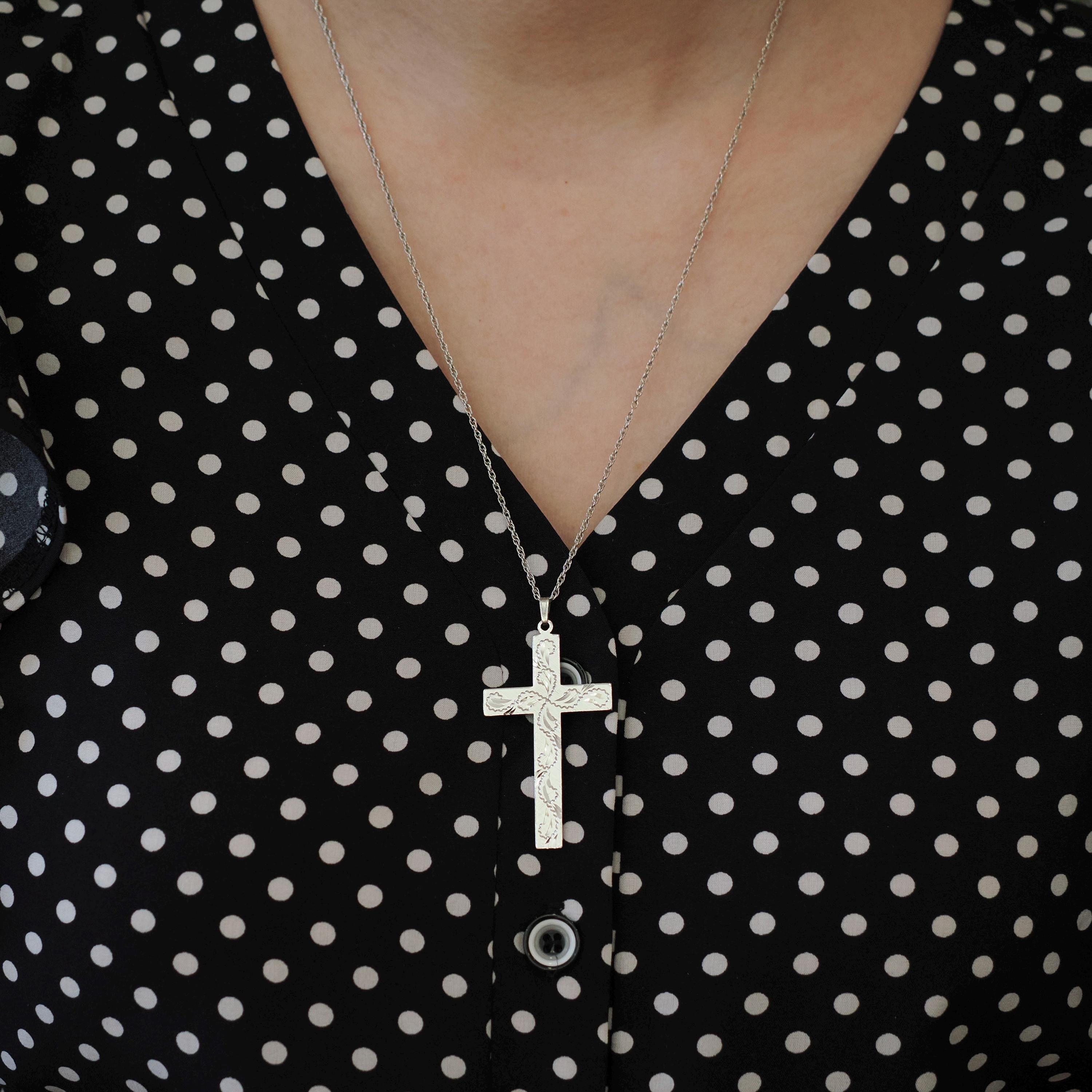 Vintage Cross Pendant - Retro Sterling Silver Religious Necklace - Circa 1970s Era Engraved Paisley Design Statement Crucifix 70s Jewelry