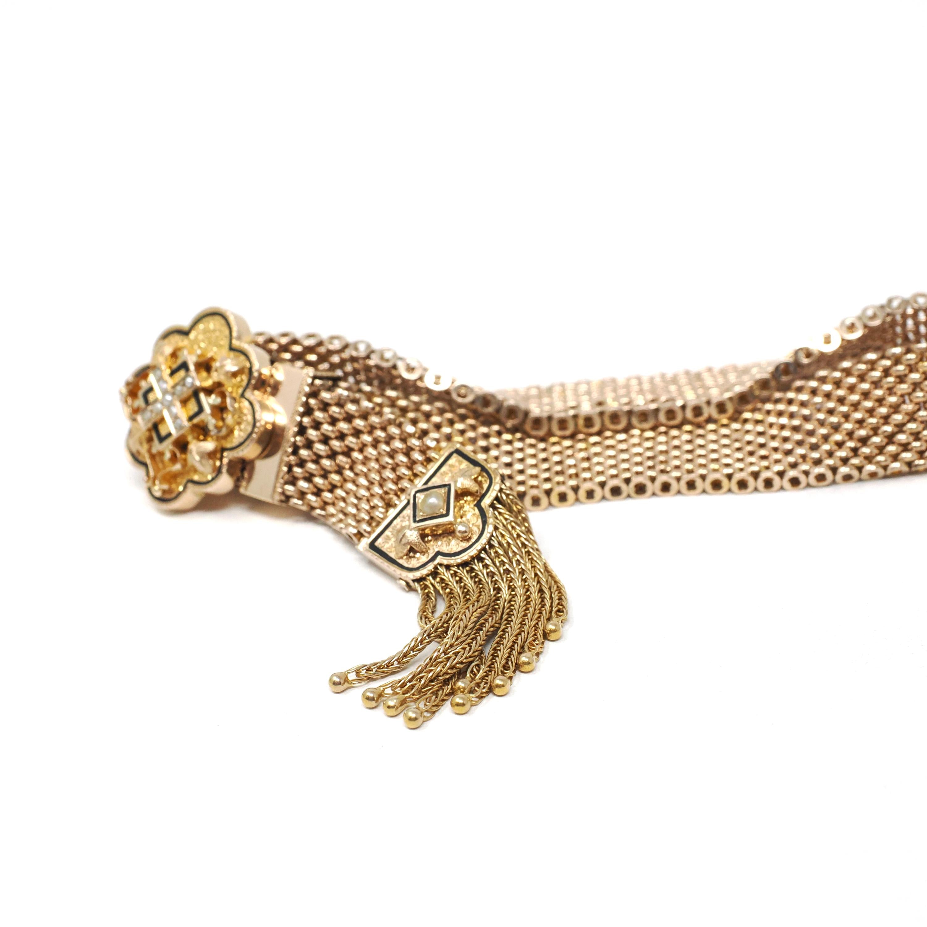 Victorian Mesh Slide Bracelet - Antique 10k Yellow Gold Black Enamel Taille D'epargne Seed Pearl - Vintage 1800s Tassel Rare Fine Jewelry