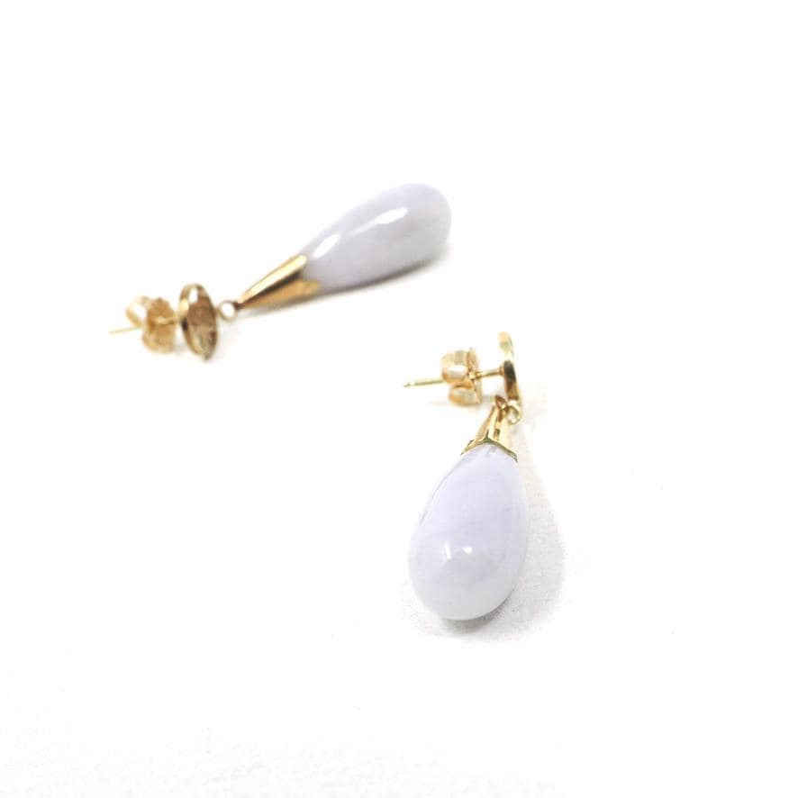 Jadeite Drop Earrings - 14k Yellow Gold Natural Teardrop Gemstones - Lavender Jade Circa 80s Era Pierced Friction Post Fu Luck Fine Jewelry