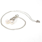 Mid Century Necklace - Vintage 10k White Gold Cultured Pearl & .22 CTW Diamond Pendant - Circa 1950s Era Two Stone Fringe Fine Jewelry
