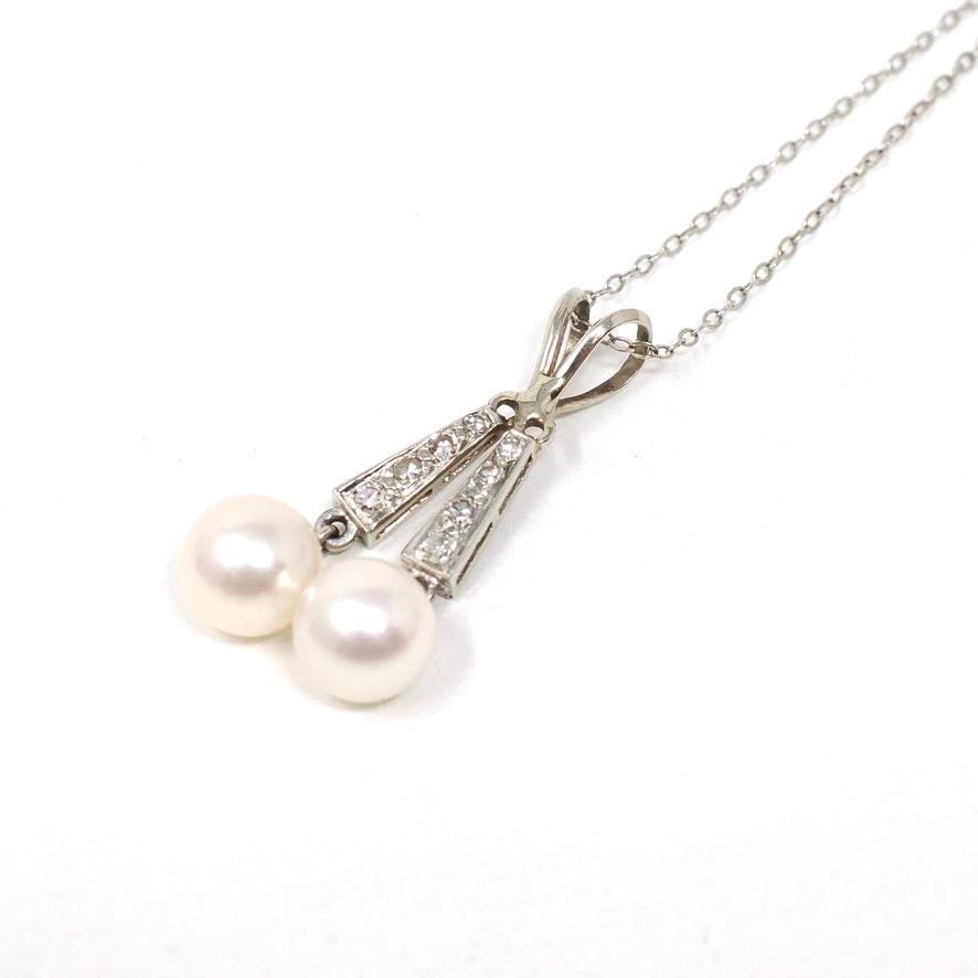 Mid Century Necklace - Vintage 10k White Gold Cultured Pearl & .22 CTW Diamond Pendant - Circa 1950s Era Two Stone Fringe Fine Jewelry