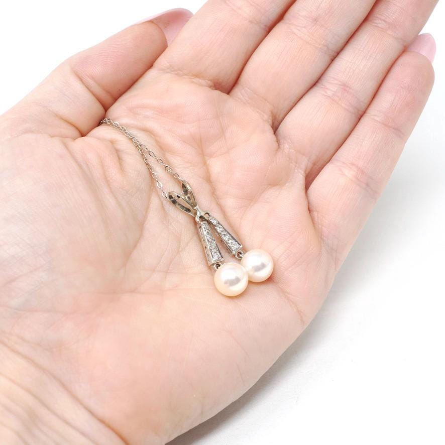 Mid Century Necklace - Vintage 10k White Gold Cultured Pearl & .22 CTW Diamond Pendant - Circa 1950s Era Two Stone Fringe Fine Jewelry