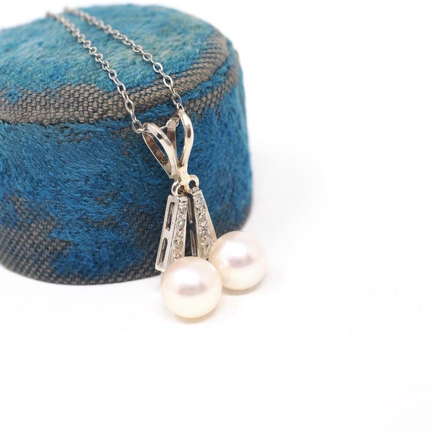 Mid Century Necklace - Vintage 10k White Gold Cultured Pearl & .22 CTW Diamond Pendant - Circa 1950s Era Two Stone Fringe Fine Jewelry