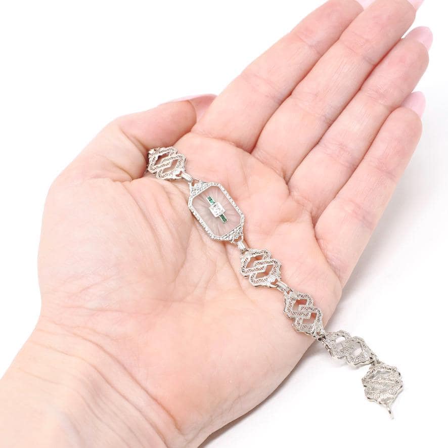 Rock Crystal Quartz Bracelet - Art Deco 10k White Gold Natural Diamond & Camphor Glass Style Statement - Vintage 1930s Filigree Fine Jewelry