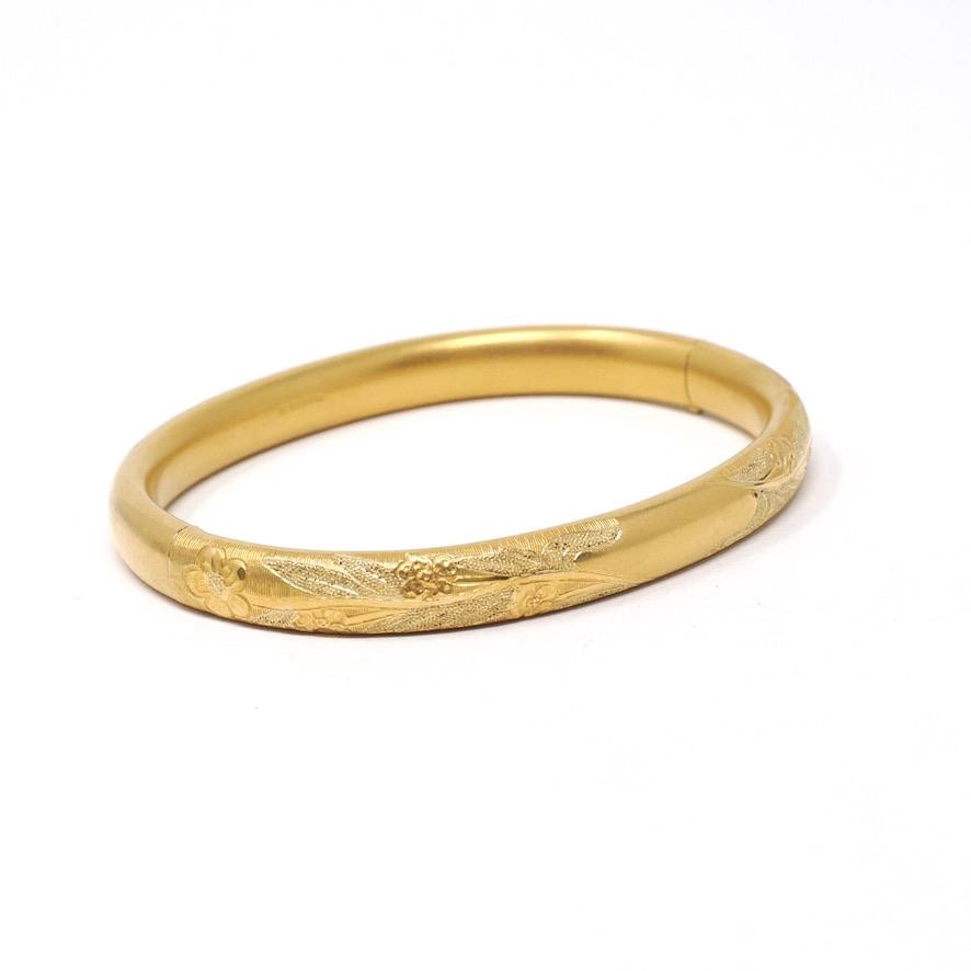Vintage Flower Bangle - Estate Yellow Green Rose Gold Filled Flower Leaf Design - Circa 1940s Era 7 1/4 Inch Statement Bracelet Jewelry