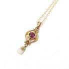 Antique Lavalier Necklace - Edwardian 10k Yellow Gold Red Purple Glass Stone & Seed Pearls Pendant - Circa 1910s Era Ostby Barton OB Jewelry