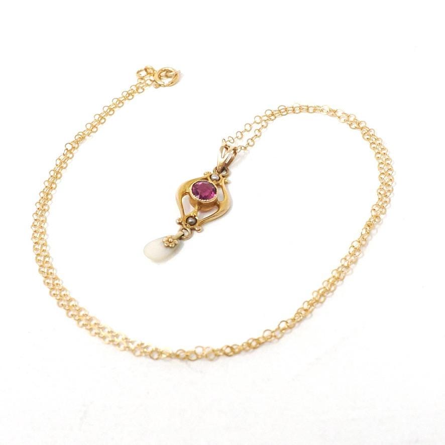 Antique Lavalier Necklace - Edwardian 10k Yellow Gold Red Purple Glass Stone & Seed Pearls Pendant - Circa 1910s Era Ostby Barton OB Jewelry
