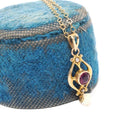 Antique Lavalier Necklace - Edwardian 10k Yellow Gold Red Purple Glass Stone & Seed Pearls Pendant - Circa 1910s Era Ostby Barton OB Jewelry