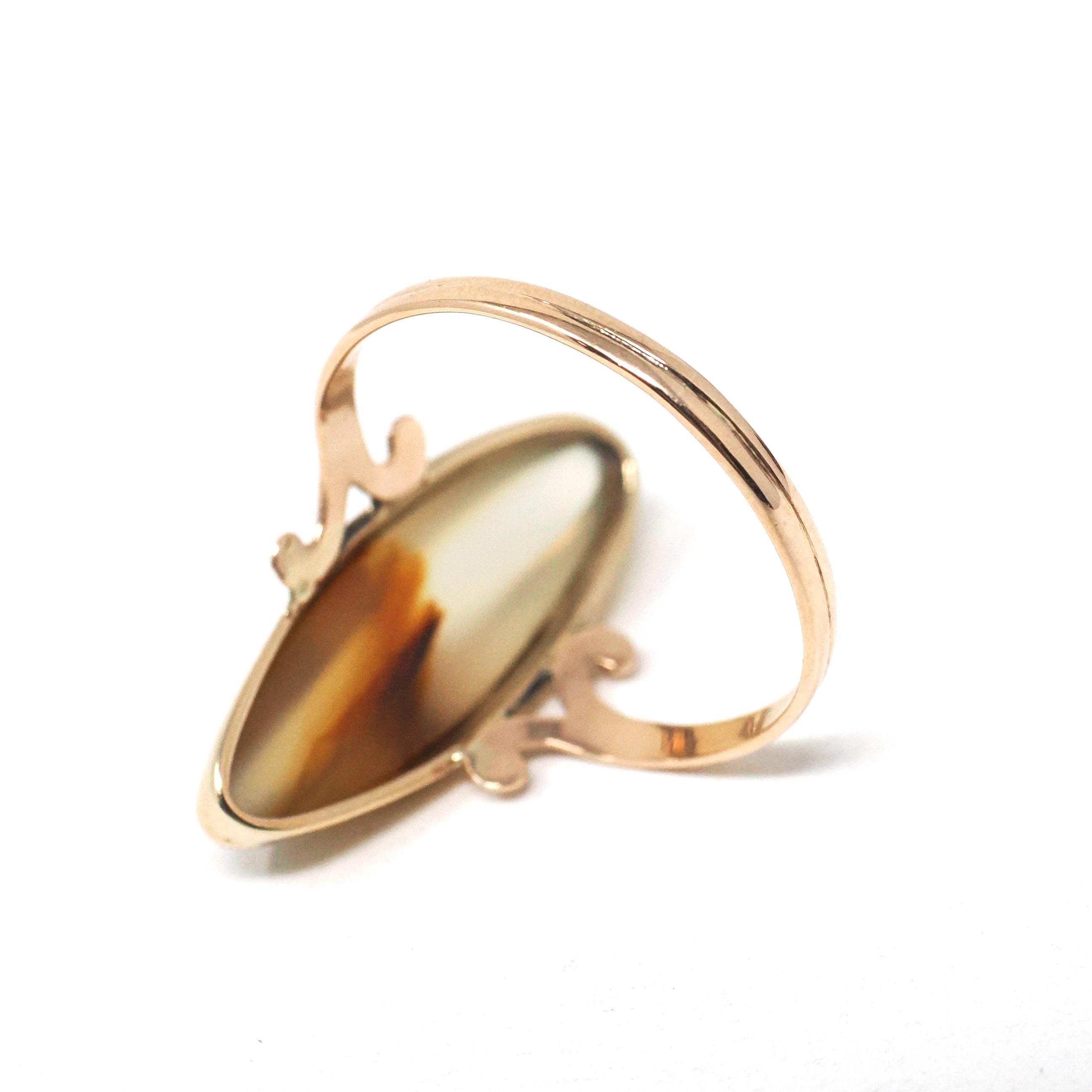 Vintage Agate Ring - Retro 10k Yellow Gold Marquise Cabochon Cut Banded Gemstone - Circa 1940s Size 7 Navette Style Fine Statement Jewelry
