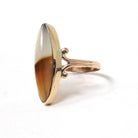 Vintage Agate Ring - Retro 10k Yellow Gold Marquise Cabochon Cut Banded Gemstone - Circa 1940s Size 7 Navette Style Fine Statement Jewelry