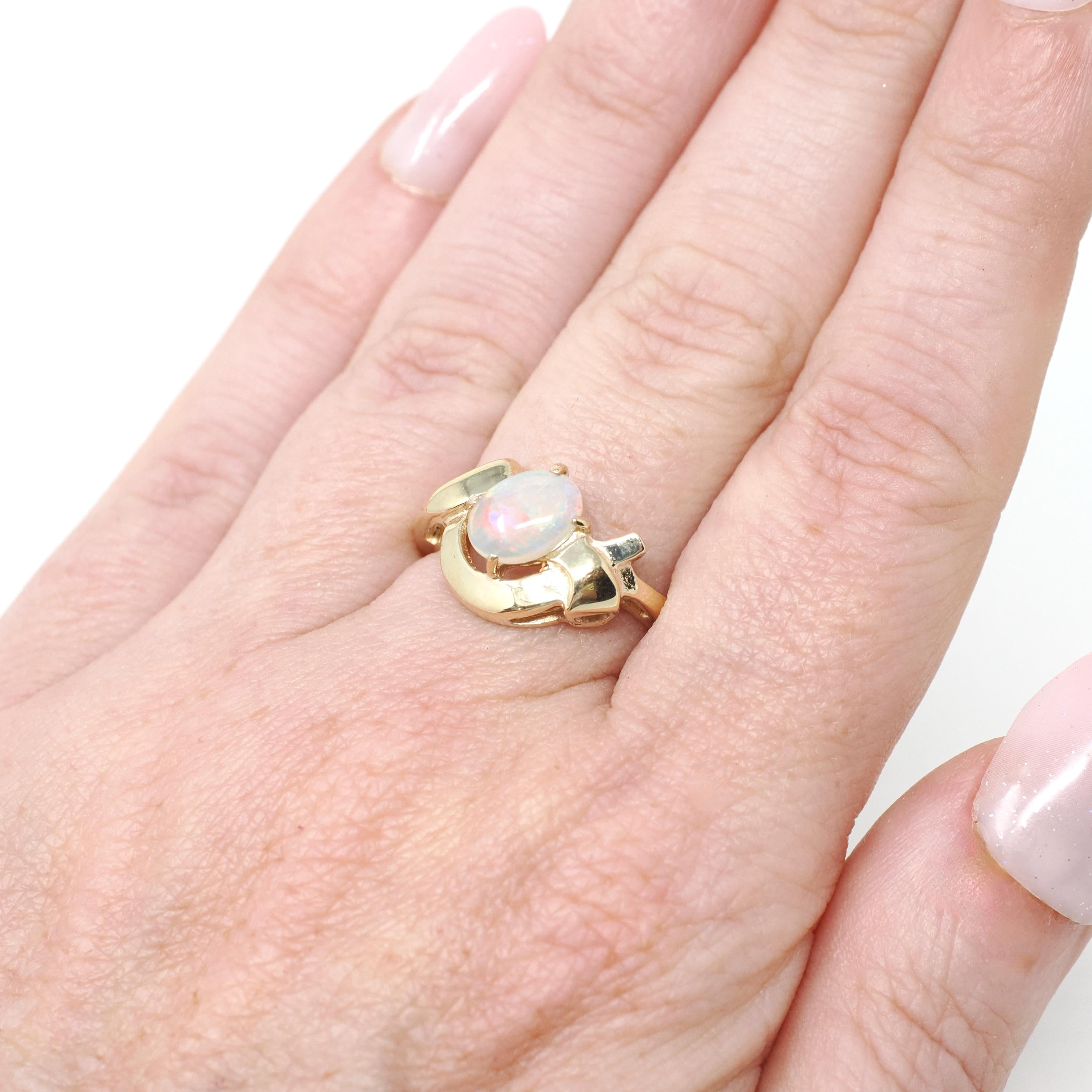 Vintage Opal Ring - Retro 14k Yellow Gold Cabochon Cut Gem Bypass - Circa 1960s Era Size 6 1/4 October Birthstone Fine Ribbon Bow Jewelry