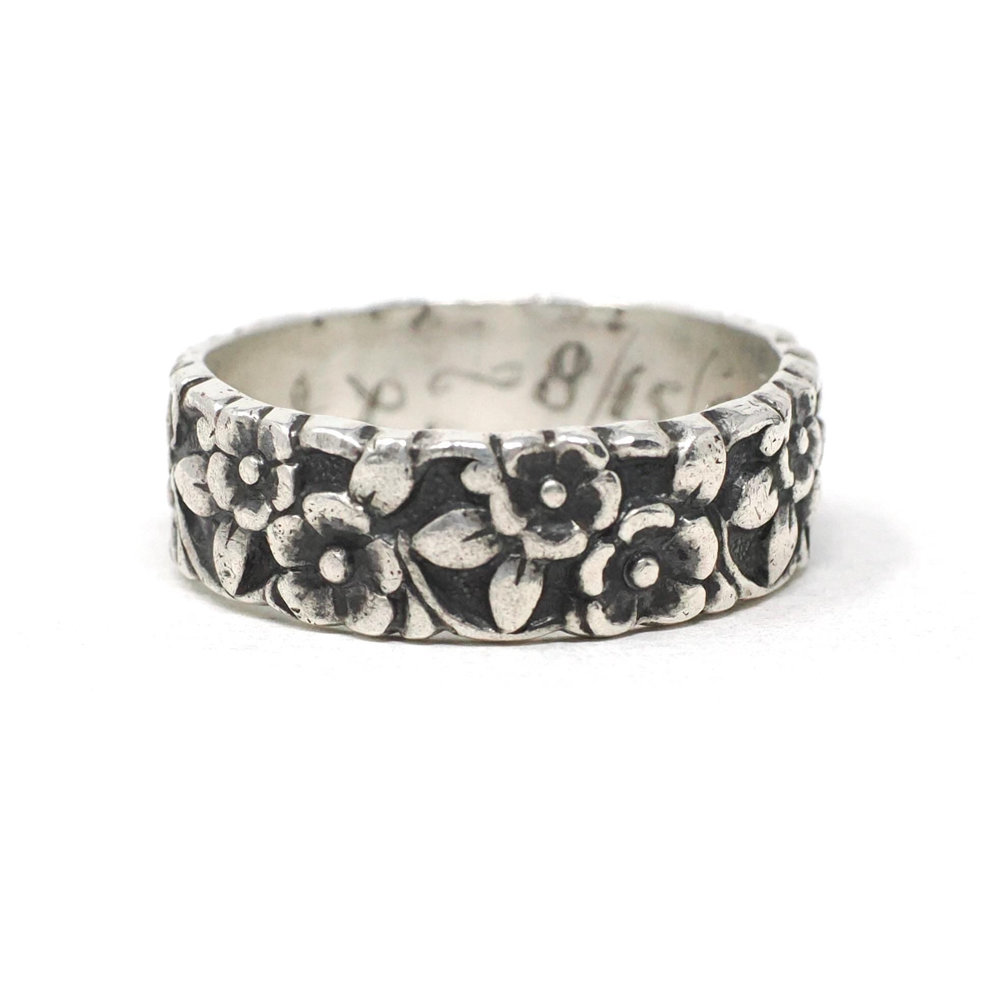 Vintage Flower Band - Mid Century Era Sterling Silver Eternity Floral Statement 6.5MM Ring - Dated 1941 Size 6.25 Unisex Patina Fine Jewelry