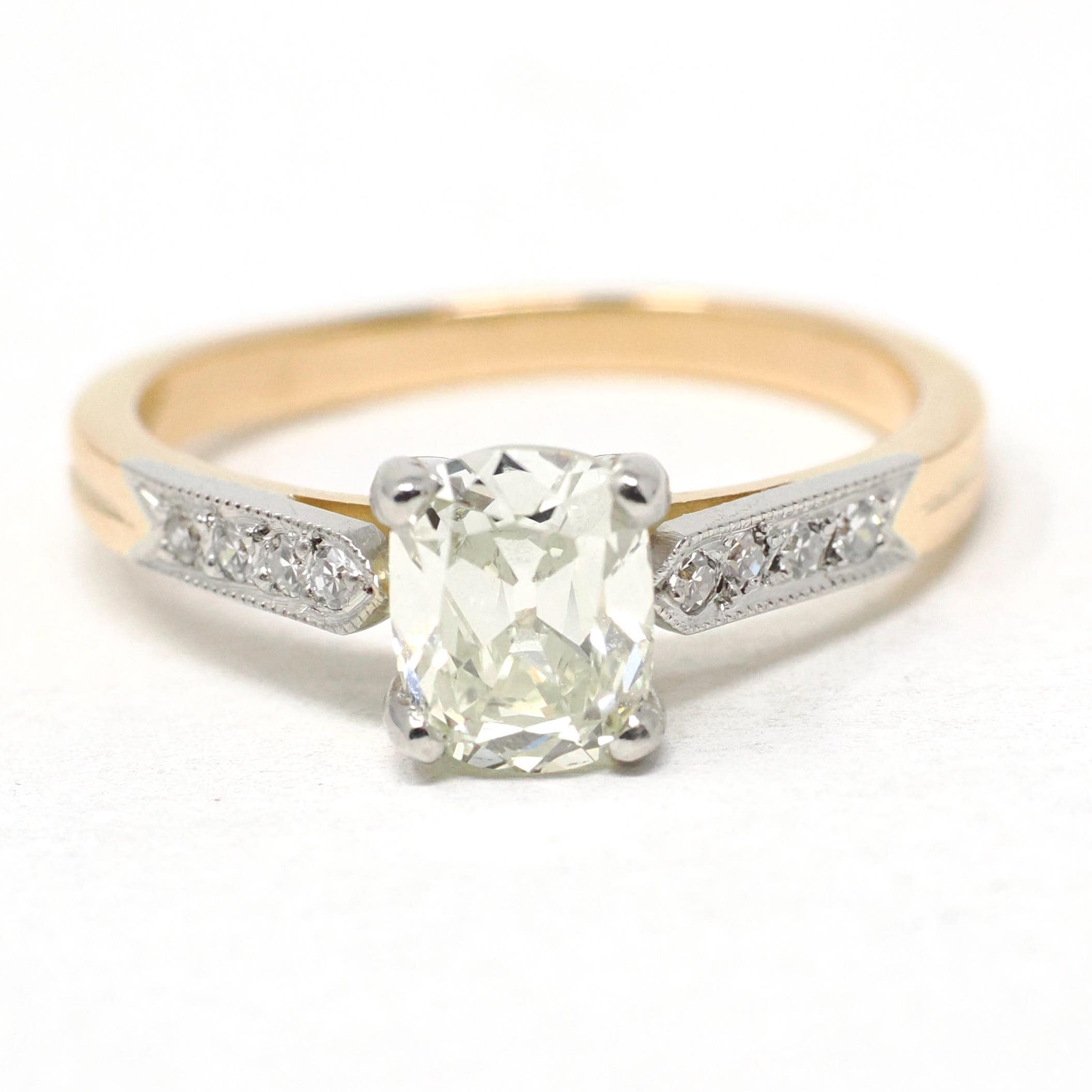 Diamond Engagement Ring - Modern 18k Yellow Gold & Platinum Two Tone French Bridal - Estate Vintage Style Size 6 1/2 GIA Report Fine Jewelry